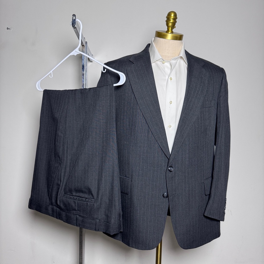 1980s Stafford Vintage Suit Mens 42R‎ 40x29 Charcoal Gray Pinstripe Wool